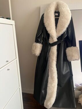 ZAIDA WHITE FAUX FUR
TRIM BLACK VEGAN
LEATHER COAT